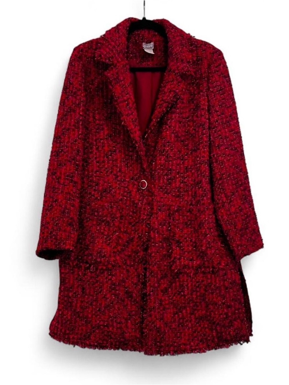 Chico's Size 1 Red Pink Metallic Tweed Boucle Long Jacket Blazer
